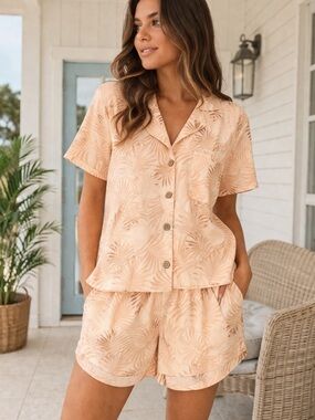 Faherty Peach Palm Linen Lounge Set Resort Vacation Coastal Chic